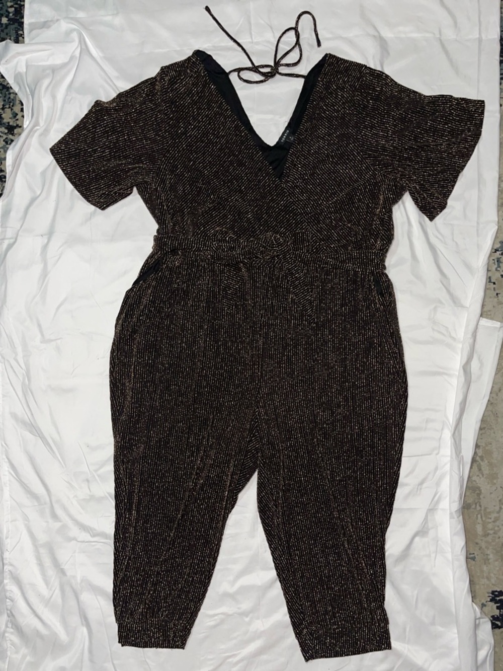Shimmer Black & Gold Short-Sleeve V-Neck Jumpsuit